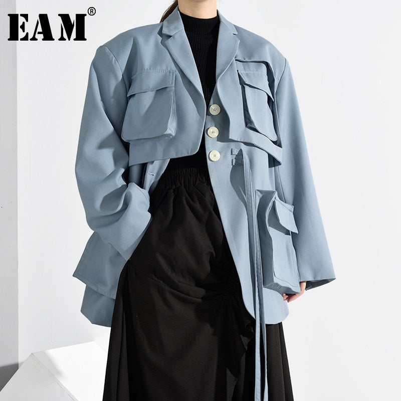 [EAM] Women Blue Pockets Split Big Size Ribbon Trench New Lapel Long Sleeve Loose Fit Windbreaker Fashion Spring 2020 1H26405