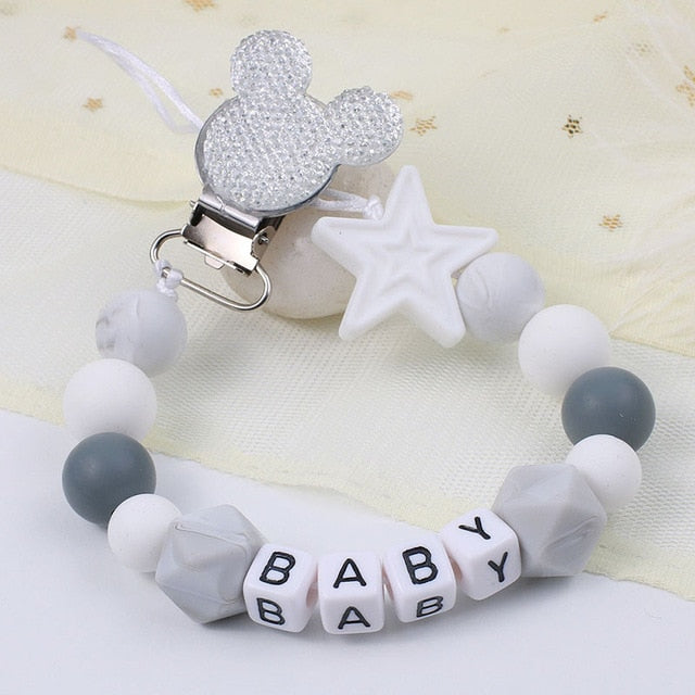 Personalize Name Mouse Head Dummy Clip Pacifier Clips Baby Silicone Pacifier Holder Chain Baby Attache Sucette Gift