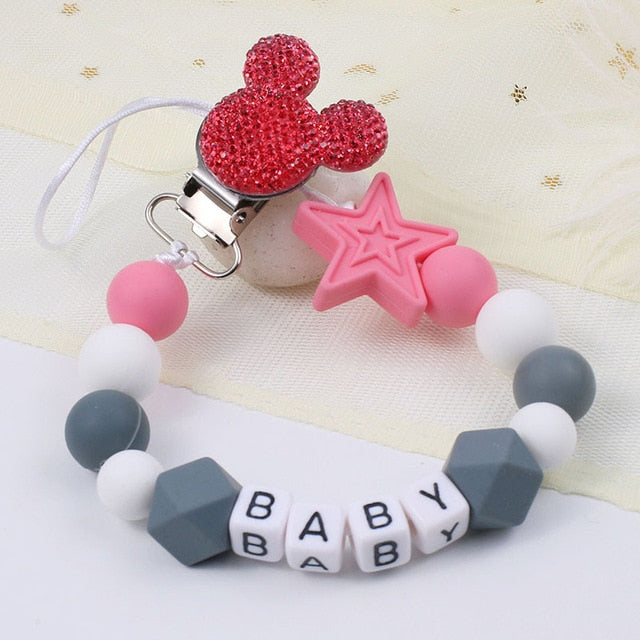 Personalize Name Mouse Head Dummy Clip Pacifier Clips Baby Silicone Pacifier Holder Chain Baby Attache Sucette Gift