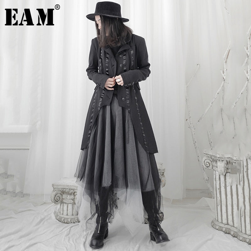 [EAM] Women Black Ribbon Asymmetrical Long Trench New Lapel Long Sleeve Loose Fit Windbreaker Fashion Tide Spring 2020 1T698