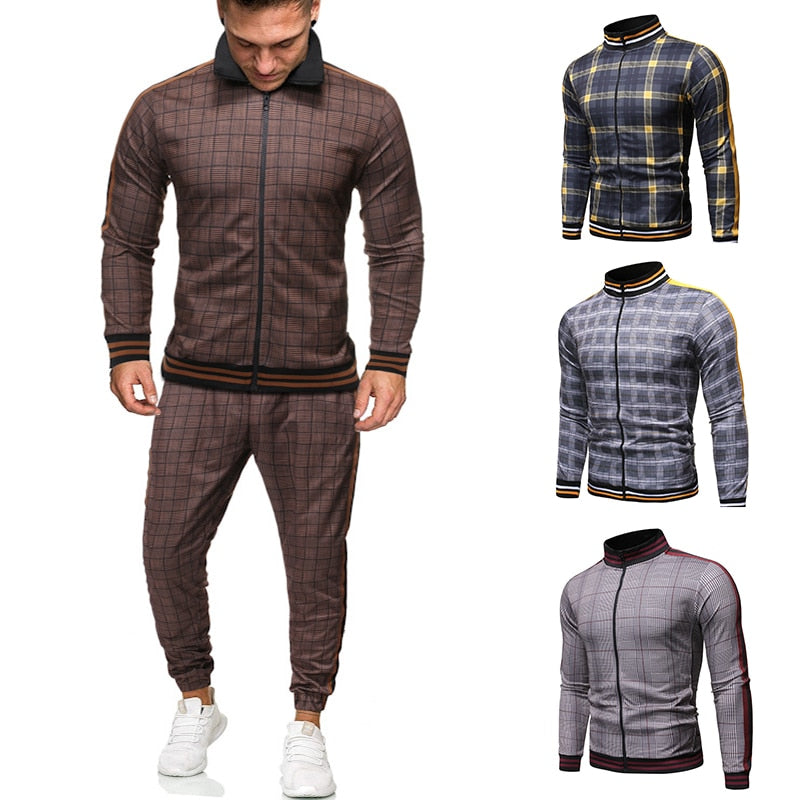 2020 Gentlemen Tracksuit men Fashion Sporting Suit Men Sets Brand Plaid Zipper Sweatshirt+Sweatpants Mens Clothing 2 Pieces Sets