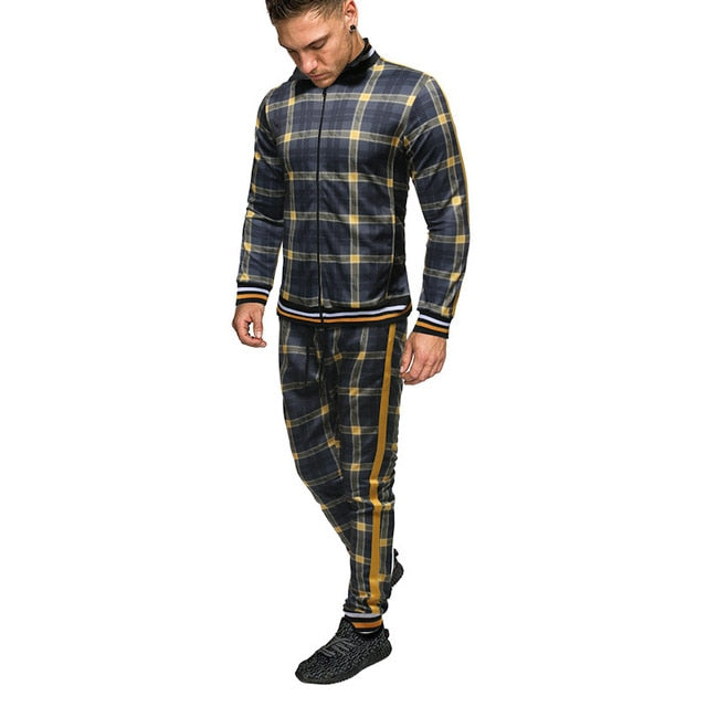 2020 Gentlemen Tracksuit men Fashion Sporting Suit Men Sets Brand Plaid Zipper Sweatshirt+Sweatpants Mens Clothing 2 Pieces Sets