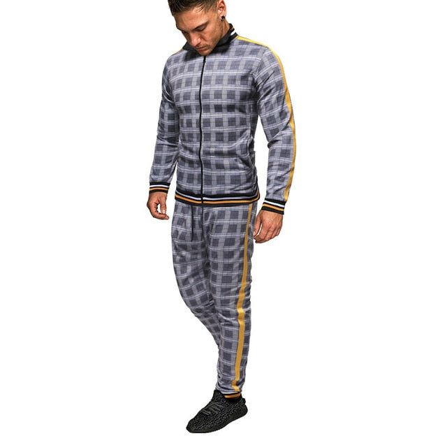 2020 Gentlemen Tracksuit men Fashion Sporting Suit Men Sets Brand Plaid Zipper Sweatshirt+Sweatpants Mens Clothing 2 Pieces Sets