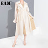 [EAM] Women Apricot Split Joint Mesh Long Trench New Lapel Long Sleeve Loose Fit Windbreaker Fashion Tide Spring 2020 1R73404