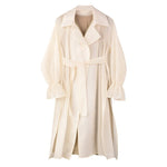 [EAM] Women Apricot Split Joint Mesh Long Trench New Lapel Long Sleeve Loose Fit Windbreaker Fashion Tide Spring 2020 1R73404