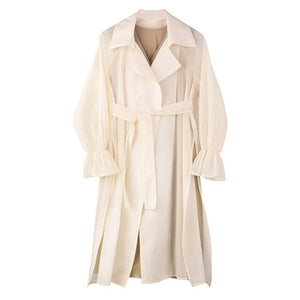 [EAM] Women Apricot Split Joint Mesh Long Trench New Lapel Long Sleeve Loose Fit Windbreaker Fashion Tide Spring 2020 1R73404