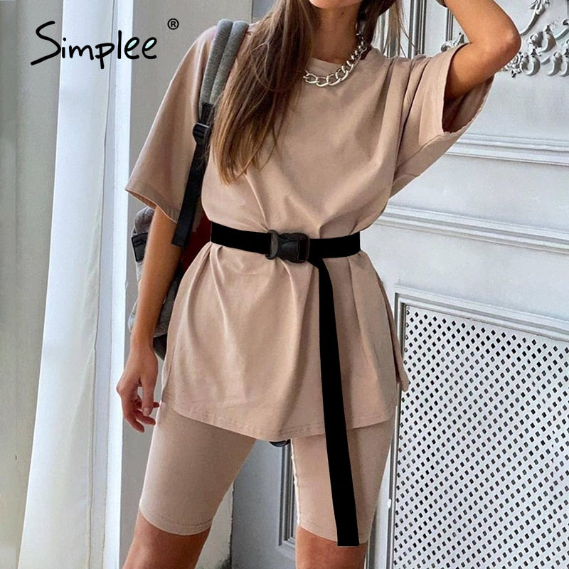 Simplee Casual solid outfits women's two piece suit with belt Home loose sports tracksuits fashion bicycle suit summer hot 2020