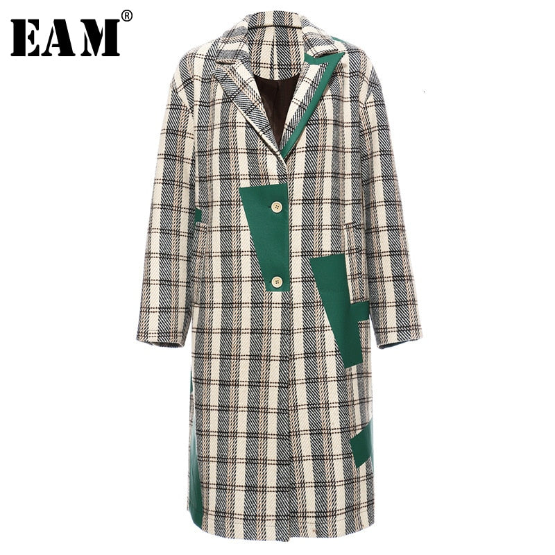 [EAM] Women Plaid Split Long Big Size Trench New Lapel Long Sleeve Loose Fit Windbreaker Fashion Spring Autumn 2020 19A-a120