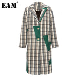 [EAM] Women Plaid Split Long Big Size Trench New Lapel Long Sleeve Loose Fit Windbreaker Fashion Spring Autumn 2020 19A-a120