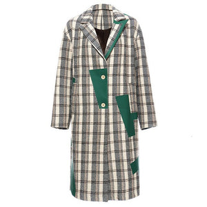 [EAM] Women Plaid Split Long Big Size Trench New Lapel Long Sleeve Loose Fit Windbreaker Fashion Spring Autumn 2020 19A-a120