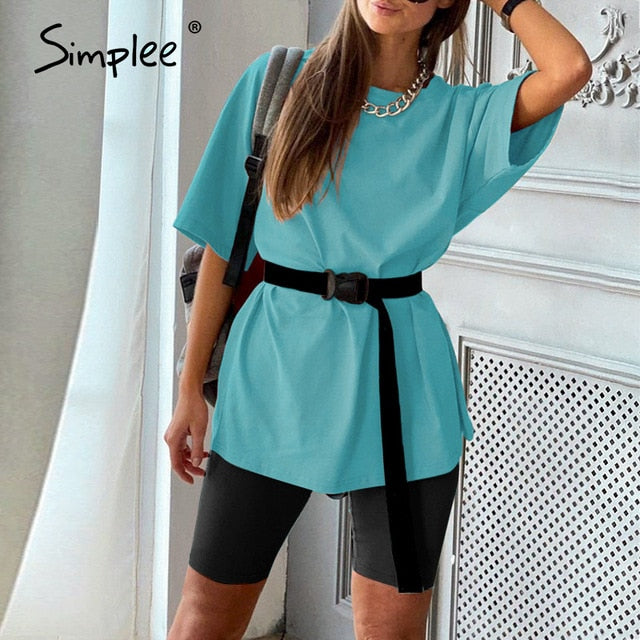 Simplee Casual solid outfits women's two piece suit with belt Home loose sports tracksuits fashion bicycle suit summer hot 2020