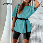 Simplee Casual solid outfits women's two piece suit with belt Home loose sports tracksuits fashion bicycle suit summer hot 2020