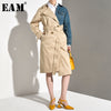 [EAM] 2020 New Spring Autumn Lapel Long Sleeve Hit Color Denim Split Joint Long Windbreaker Women Trench Fashion Tide YE5371