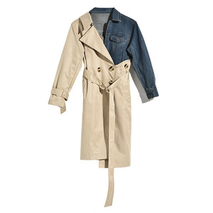 [EAM] 2020 New Spring Autumn Lapel Long Sleeve Hit Color Denim Split Joint Long Windbreaker Women Trench Fashion Tide YE5371