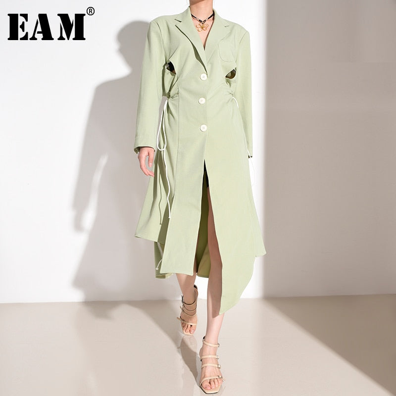 [EAM] Women Green Irregular Backless Long Trench New Lapel Long Sleeve Loose Fit Windbreaker Fashion Spring Autumn 2020 1H856