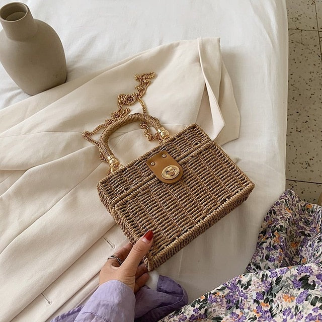 High-quality Weave Straw Tote bag 2020 Women's Designer Handbag Summer Chain Shoulder Crossbody Bag Lady Travel Beach bag
