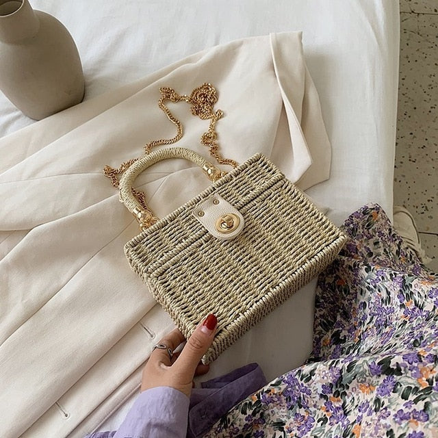 High-quality Weave Straw Tote bag 2020 Women's Designer Handbag Summer Chain Shoulder Crossbody Bag Lady Travel Beach bag