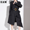 [EAM] Women Black Brief Pleated Big Size Long Trench New Lapel Long Sleeve Loose Fit Windbreaker Fashion Spring 2020 1S24101