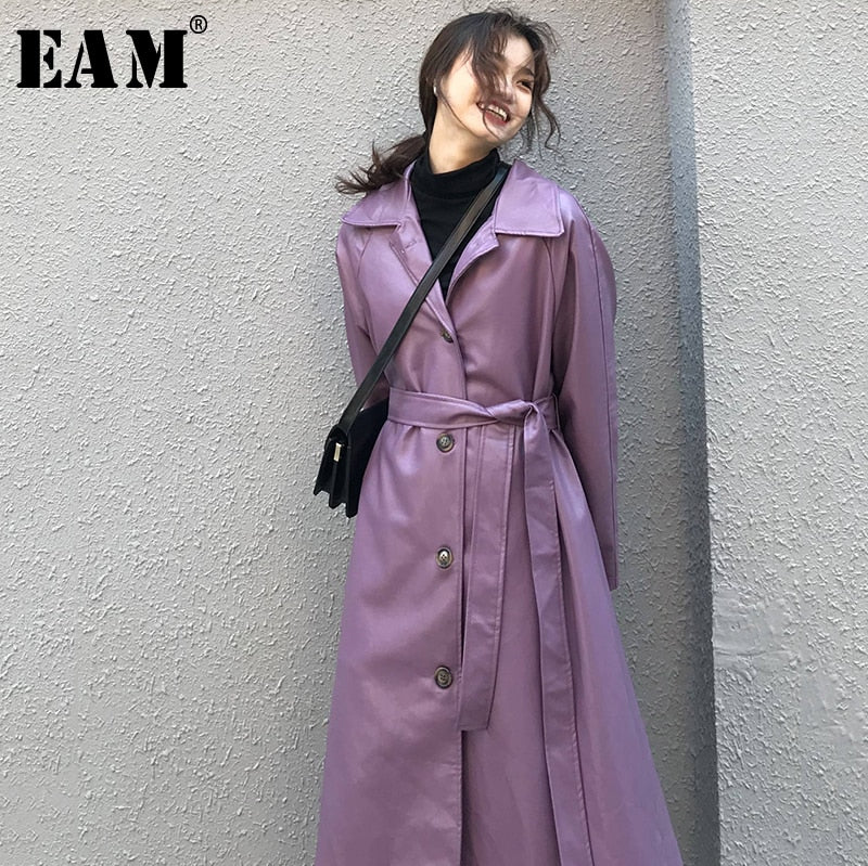 [EAM] Women Pu Leather Purple Big Size Long Trench New Lapel Long Sleeve Loose Fit Windbreaker Fashion Tide Spring 2020 1X486