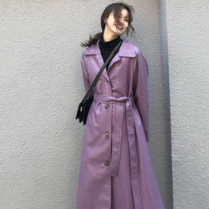 [EAM] Women Pu Leather Purple Big Size Long Trench New Lapel Long Sleeve Loose Fit Windbreaker Fashion Tide Spring 2020 1X486