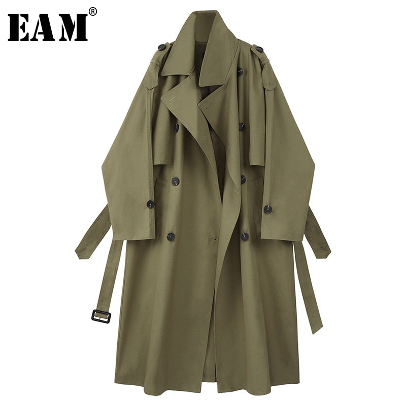 [EAM] Women Army Green Big Size Long Trench New Lapel Long Sleeve Loose Fit Windbreaker Fashion Tide Spring Autumn 2020 1X199