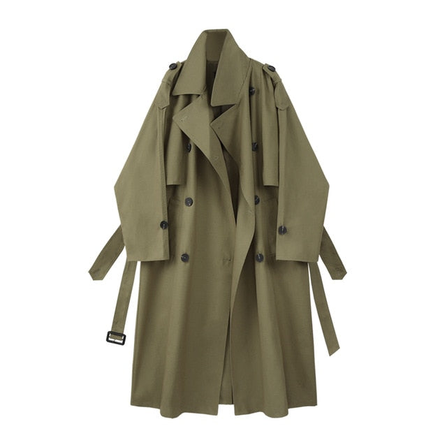 [EAM] Women Army Green Big Size Long Trench New Lapel Long Sleeve Loose Fit Windbreaker Fashion Tide Spring Autumn 2020 1X199