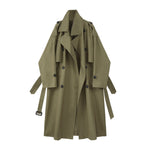 [EAM] Women Army Green Big Size Long Trench New Lapel Long Sleeve Loose Fit Windbreaker Fashion Tide Spring Autumn 2020 1X199