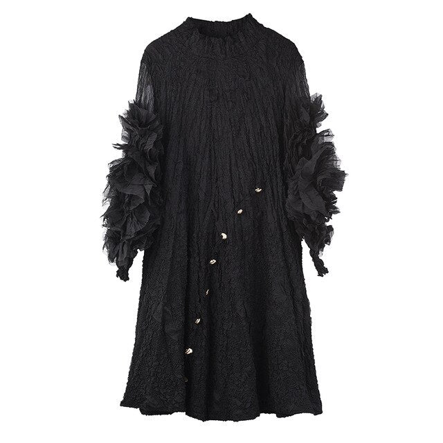 LANMREM 2020 sexy pleated dresses for women spring summer new stand collar puff long sleeve famale clothes high quality YH6880