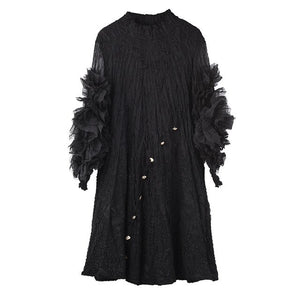 LANMREM 2020 sexy pleated dresses for women spring summer new stand collar puff long sleeve famale clothes high quality YH6880