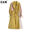 [EAM] Women Yellow Pleated Big Size Trench New Lapel Long Sleeve Loose Fit Windbreaker Fashion Tide Spring Autumn 2020 1X779