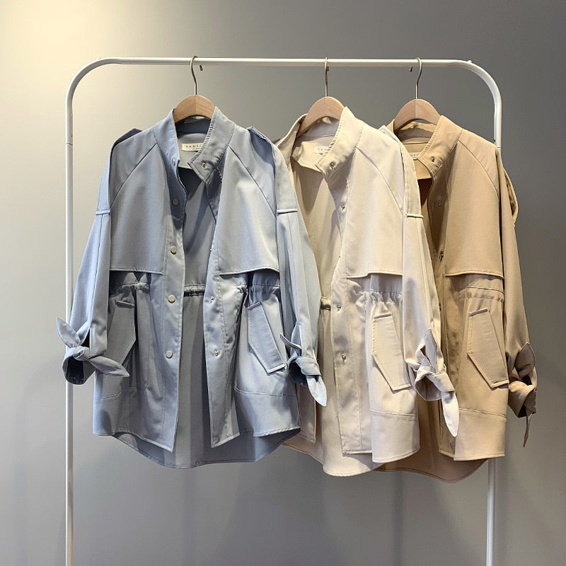 Fashion Trench Coat Female Spring Windbreaker Drawstring Summer Casual Loose Safari Clothes Stand Collar 2020 Women Short Trench