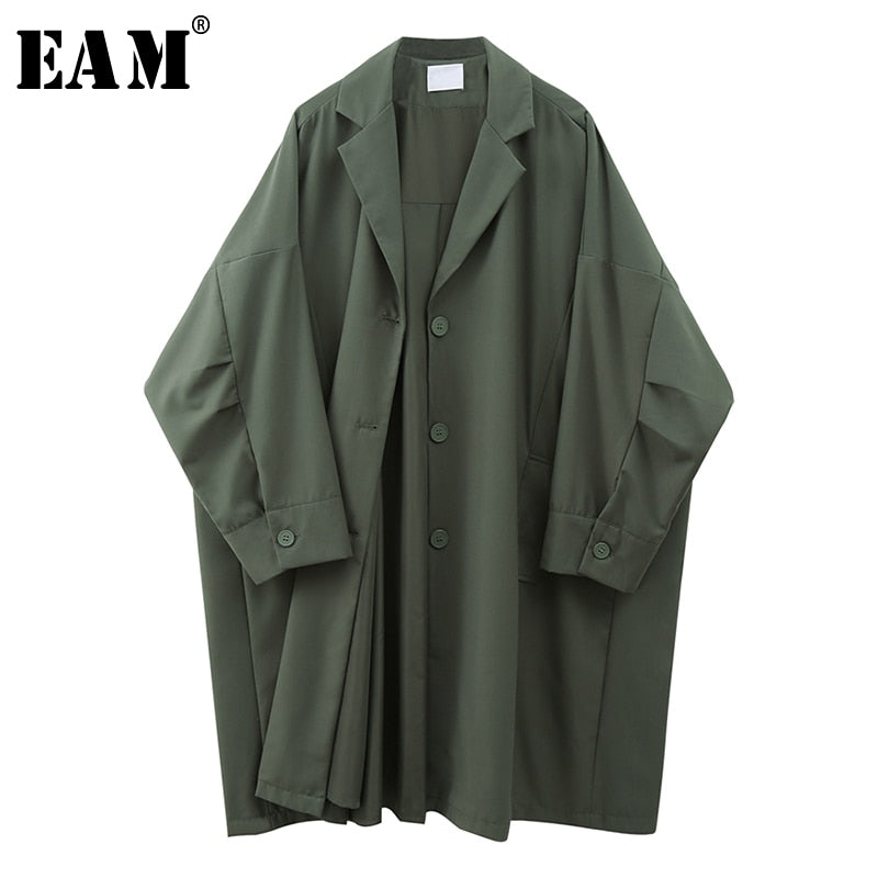 [EAM] Women Green Brief Big Size Long Trench New Lapel Long Batwing Batwing Sleeve Loose Windbreaker Fashion Spring 2020 1X135