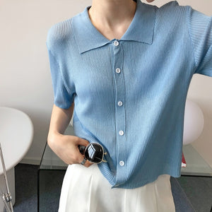 Lapel Solid Color Polos' Top Women's Thin Short-sleeved T-shirt Air-conditioned Shirt Cardigan Top