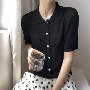 Lapel Solid Color Polos' Top Women's Thin Short-sleeved T-shirt Air-conditioned Shirt Cardigan Top