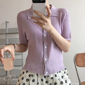 Lapel Solid Color Polos' Top Women's Thin Short-sleeved T-shirt Air-conditioned Shirt Cardigan Top