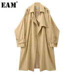 [EAM] Women Yellow Big Size Long Trench New Lapel Long Sleeve Loose Fit Windbreaker Fashion Tide Spring Autumn 2020 1X192