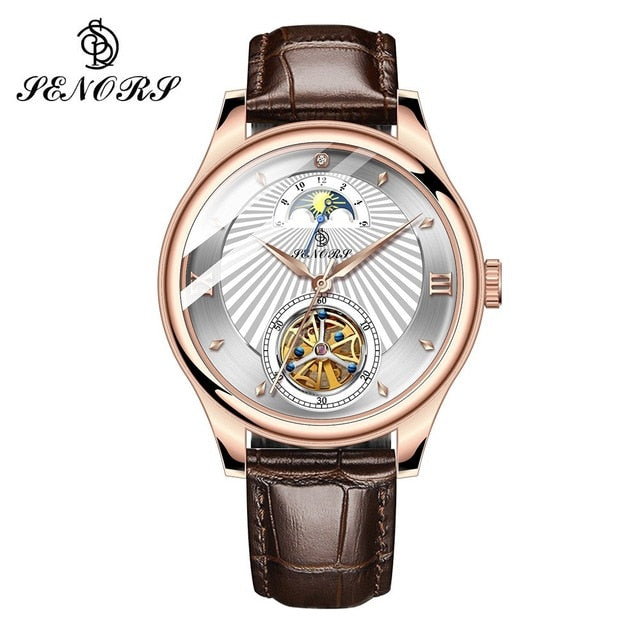 SENORS SN169 Moon Phase Mechanical Wristwatch Skeleton Tourbillon Automatic Leather Watch Men Watches Male Clock reloj hombre