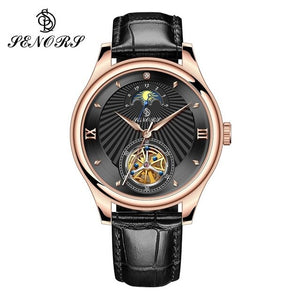 SENORS SN169 Moon Phase Mechanical Wristwatch Skeleton Tourbillon Automatic Leather Watch Men Watches Male Clock reloj hombre