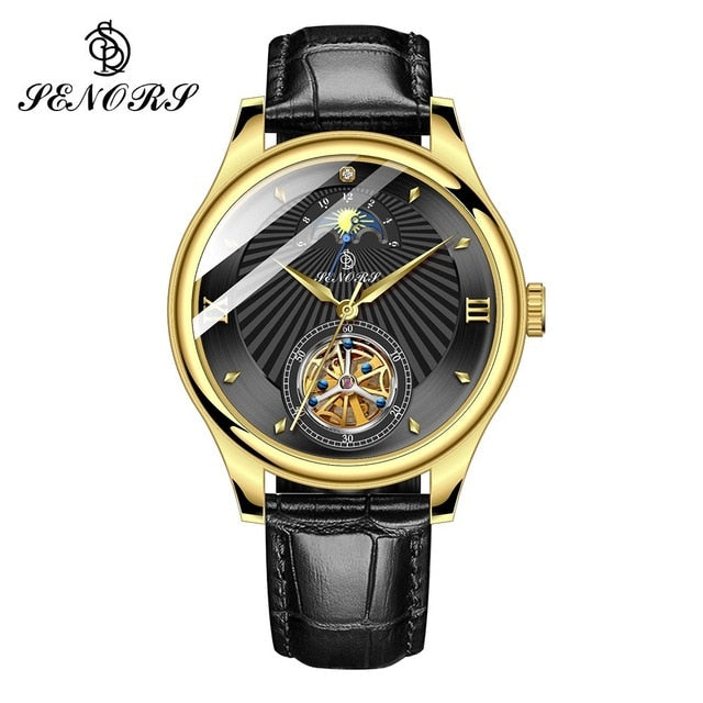 SENORS SN169 Moon Phase Mechanical Wristwatch Skeleton Tourbillon Automatic Leather Watch Men Watches Male Clock reloj hombre