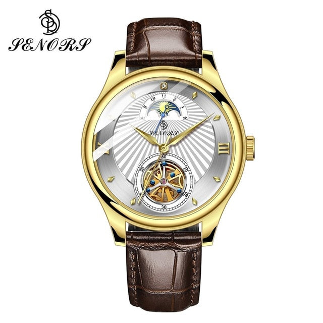 SENORS SN169 Moon Phase Mechanical Wristwatch Skeleton Tourbillon Automatic Leather Watch Men Watches Male Clock reloj hombre