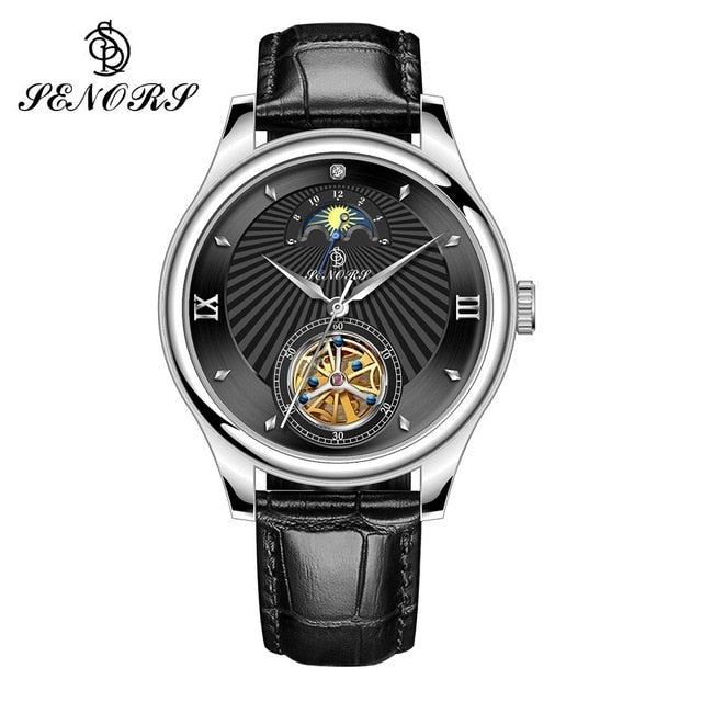 SENORS SN169 Moon Phase Mechanical Wristwatch Skeleton Tourbillon Automatic Leather Watch Men Watches Male Clock reloj hombre