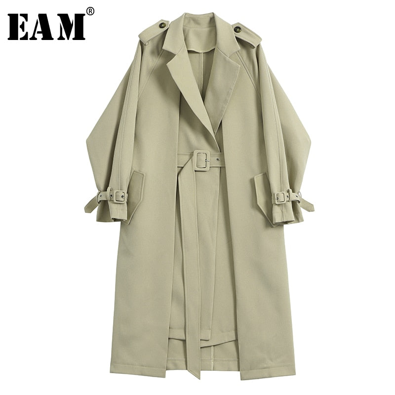 [EAM] Women  Green Brief Long Big Size Bandage Trench New Lapel Long Sleeve Loose Fit Windbreaker Fashion Tide Spring 2020 1Y395