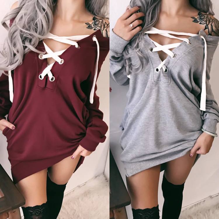 Sexy Lace Up Bandage Deep V-Neck Off Shoulder Long Sleeve Women Fall Fashion Pullover Hoodies Clothes Gothic Womens Clothing