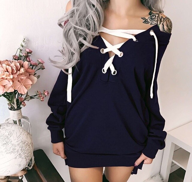 Sexy Lace Up Bandage Deep V-Neck Off Shoulder Long Sleeve Women Fall Fashion Pullover Hoodies Clothes Gothic Womens Clothing