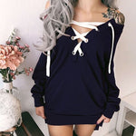 Sexy Lace Up Bandage Deep V-Neck Off Shoulder Long Sleeve Women Fall Fashion Pullover Hoodies Clothes Gothic Womens Clothing