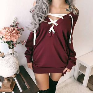 Sexy Lace Up Bandage Deep V-Neck Off Shoulder Long Sleeve Women Fall Fashion Pullover Hoodies Clothes Gothic Womens Clothing