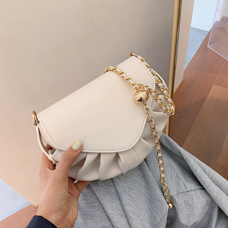 Solid color Pleated Small Saddle bag 2020 New High-quality PU Leather Women's Designer Handbag Chain Shoulder Messenger Bag