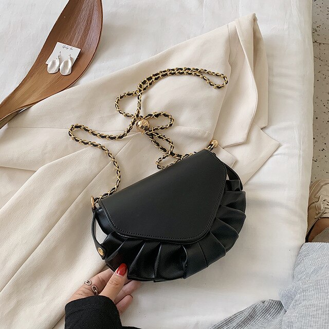 Solid color Pleated Small Saddle bag 2020 New High-quality PU Leather Women's Designer Handbag Chain Shoulder Messenger Bag