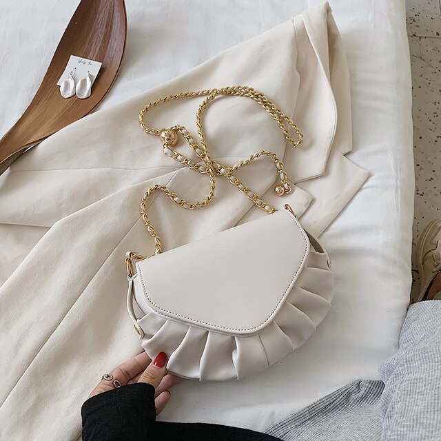 Solid color Pleated Small Saddle bag 2020 New High-quality PU Leather Women's Designer Handbag Chain Shoulder Messenger Bag