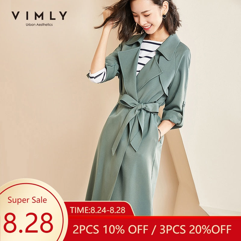 Vimly 2020 Autumn Winter Women Vintage Trench Coat Fashion Lapel Loose Solid Long Sleeve Belt Elegant Female Long Jacket 98810